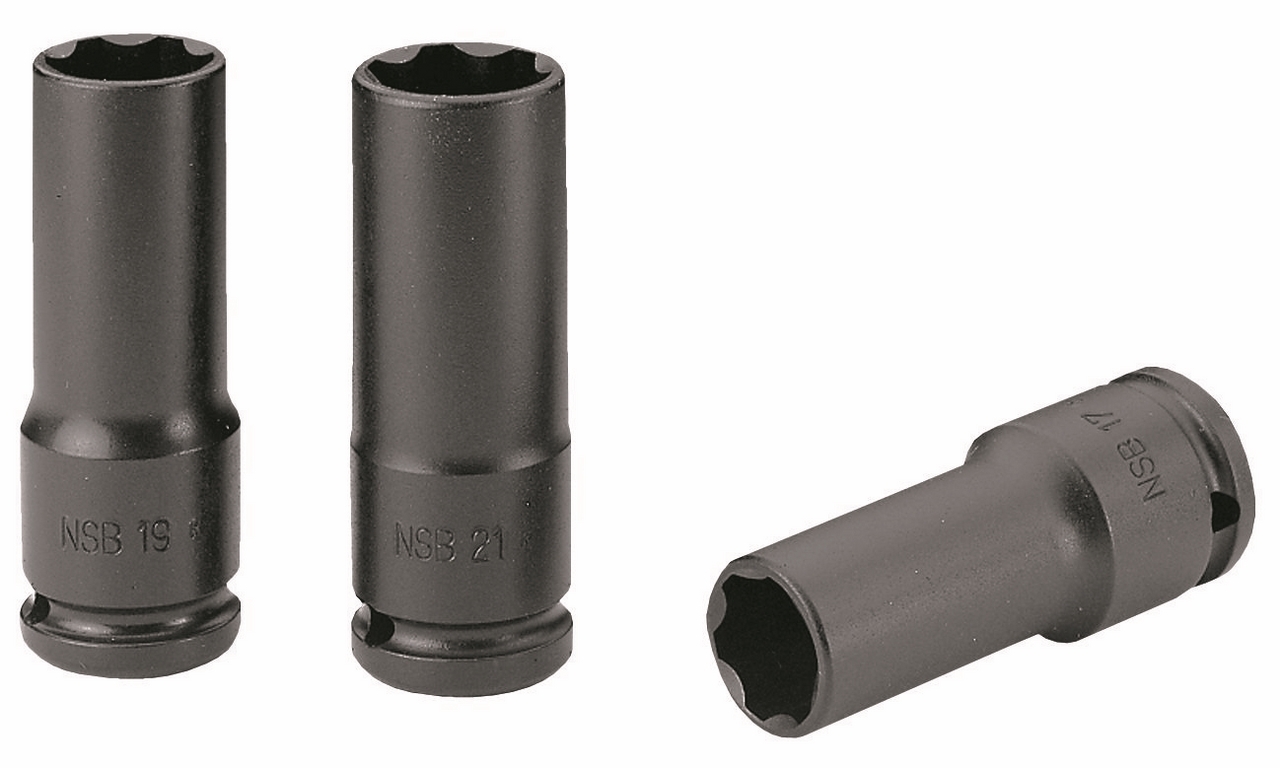 Seria NSB - nasadki udarowe 1/2" 6-kątne, długie, cienkościenne, metryczne, 8 - 32 mm