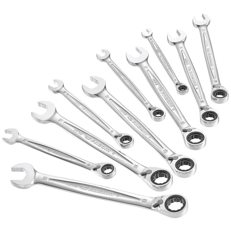 467AS.JP10PB - zestaw 10 kluczy oczkowo-płaskich grzechotkowych o profilu antyposlizgowym, 8 - 19 mm