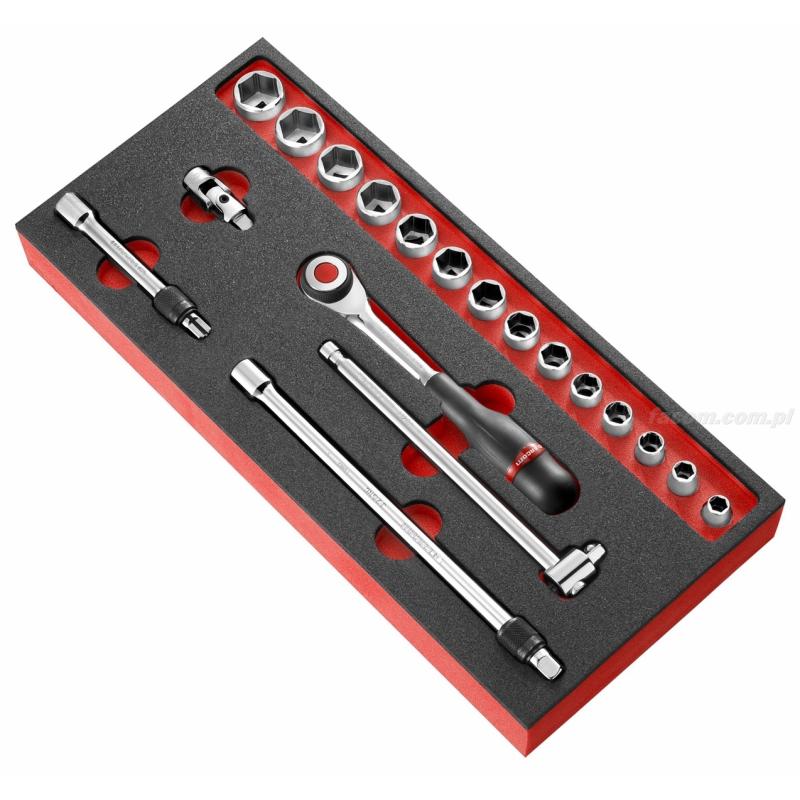MODM.J5 - moduł nasadek 3/8" 6-kątnych od 8 do 22 mm na wkładce piankowej MODM.J5 - moduł nasadek 3/8" 6-kątnych od 8 do 22 mm na wkładce piankowej